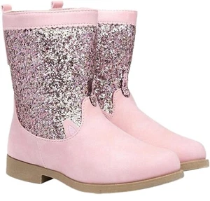 GIRLS PINK SPARKLE GLITTER BOOTS COW GIRL ANKLE BOOTS WITH SIDE ZIP UK SIZE 7-2 - Picture 1 of 3