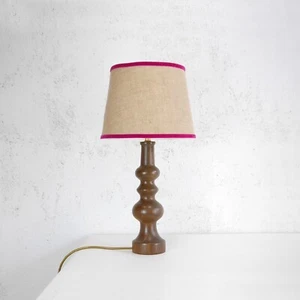 Vintage Mid Century Elm Teak Wood Table Lamp Hessian Shade Danish Era #102864 - Picture 1 of 16