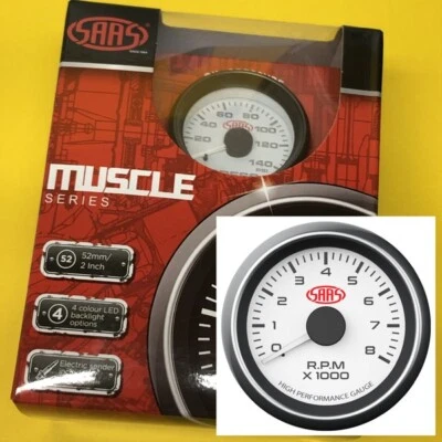 SAAS Muscle SG-TAC52W Tachometer 0-8000 RPM 52mm 2" White 52mm 2" - Image 1 of 4