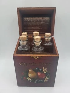 Antique Handpainted Wood Vitamin Chest + 5 Apothecary Glass Bottles/Corks UNIQUE - Picture 1 of 6