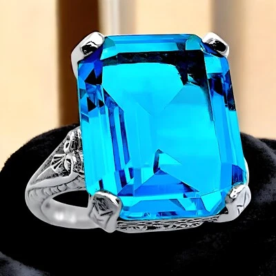 ANILLO GRUESO PLATA ESTERLINA 925 FILIGRANA ESTILO ANTIGUO SIM AGUAMARINA #1340 Foto 1 de 4