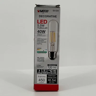 Satco S9580 LED Filament Clear Bulb 5.5W =40W T10 E26 2700K Warm White 120V - Image 1 of 3