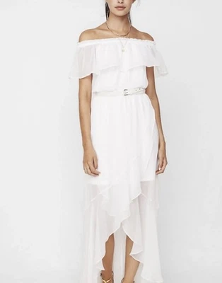 Vestido midi Express para mujer M mediano fuera del hombro gasa en capas romántico blanco Foto 1 de 4