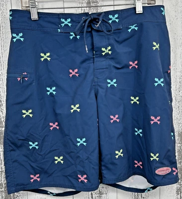 Shorts de tabuleiro masculino Vineyard Vines tamanho 32 azul marinho estampa total ossos de peixe natação - Imagem 1 de 4