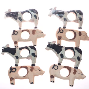 (8) 4 Cows & 4 Pigs Wood Carved Handpainted Napkin Rings Philippines Folk Art - Picture 1 of 6