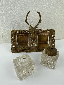 ANCHOR S.P. CO. Antique Brass Stag Head Double Glass Inkwell - MISSING LID - Picture 1 of 14