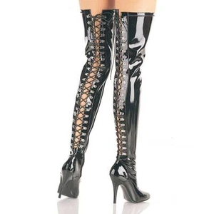 Pleaser USA Seduce-3063 Black Pat Open Back D-Ring Stretch Overknee Stiefel AUF LAGER - Bild 1 von 1