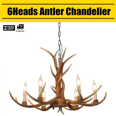 Lámpara de techo colgante con cuerno de ciervo rústico de 6 luces Foto 1 de 4