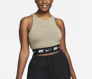 Nike Damen Tape Crop Tank Top Sport Shirt Khaki Schwarz Größe L Neu mit Etikett - Bild 1 von 3