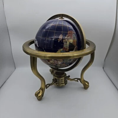 Globo Azul Océano Tono Dorado Soporte de Mesa de 3 Patas Gema MOP Piedras Preciosas Mapa Mundial  Foto 1 de 4