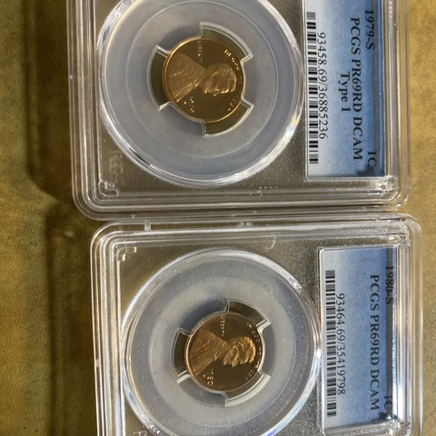 Lincoln Cents: 1979-s PCGS PR69RD DCAM Type 1, 1980-s PCGS PR69RD DCAM Cover