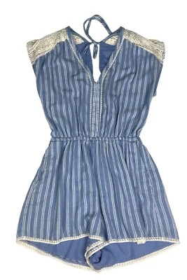 Abercrombie & Fitch Women’s XS Romper Blue White Stripe Crochet Detail Boho - Imagem 1 de 4