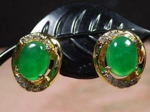Yellow Gold Plate Green JADE Earrings Dangle Cabochon Diamond Imitation 291103 - Picture 1 of 7
