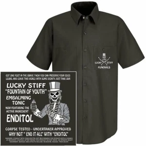 LUCKY STIFF FUNERALS FOUNTAIN OF YOUTH TONIC HEARSE SKULL UNDERTAKER WORKSHIRT - Picture 1 of 12