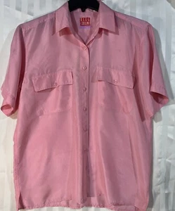 Vintage Oleg Cassini Silk Women's Large Pink 90s Short Sleeve Shirt With Pockets - Picture 1 of 11