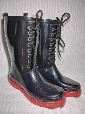 Botas de lluvia Henry Ferrera talla 8 para mujer con cordones rojas negras botas de goma ligeramente usadas Foto 1 de 4