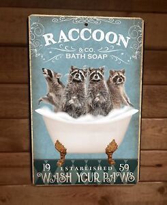 Raccoon Bath Soap 8x12 Metal Wall Sign Animal Poster