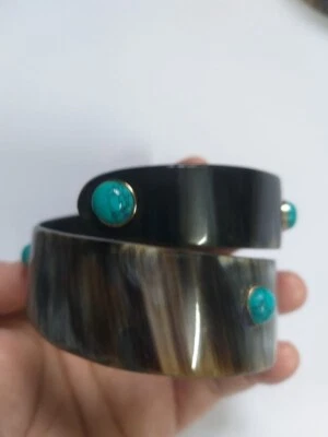 Pulseira de punho de chifre de búfalo natural com cacho turquesa joias artesanais - Imagem 1 de 4
