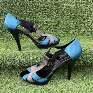 NÄCHSTE SCHWARZ BLAU SATIN HIGH HEELS STILETTOS RIEMEN PEEP TOE PLATEAU Größe UK 6,5 - Bild 1 von 7