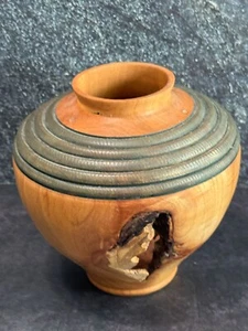 Handcrafted Wooden Vase With Carved Detailing & Natural Knot Design Signed SJ - Picture 1 of 7
