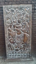 Vintage Carved Door Panel, Krishna Playing Flute with His Cow Door Barn Doors 