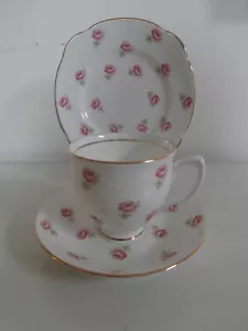 DIAMOND CHINA ENGLAND VINTAGE TEA CUP, SAUCER AND TEA PLATE TRIO SET PINK ROSES - Picture 1 of 24