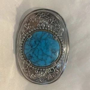 Faux Silver and Turquoise Belt Buckle Vintage Western Wear 3.5 X 2.5” - Picture 1 of 8