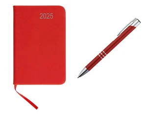 Taschenkalender 2025 / ca A7 / PU Einband / Farbe: rot + Metall Kugelschreiber - Bild 1 von 2