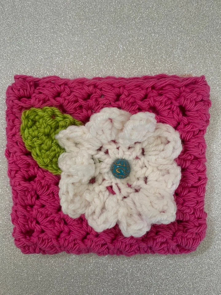 Hand-crocheted make-up/keepsake bag, pink with flower accent, FREE SHIPPING - Image 1 of 1