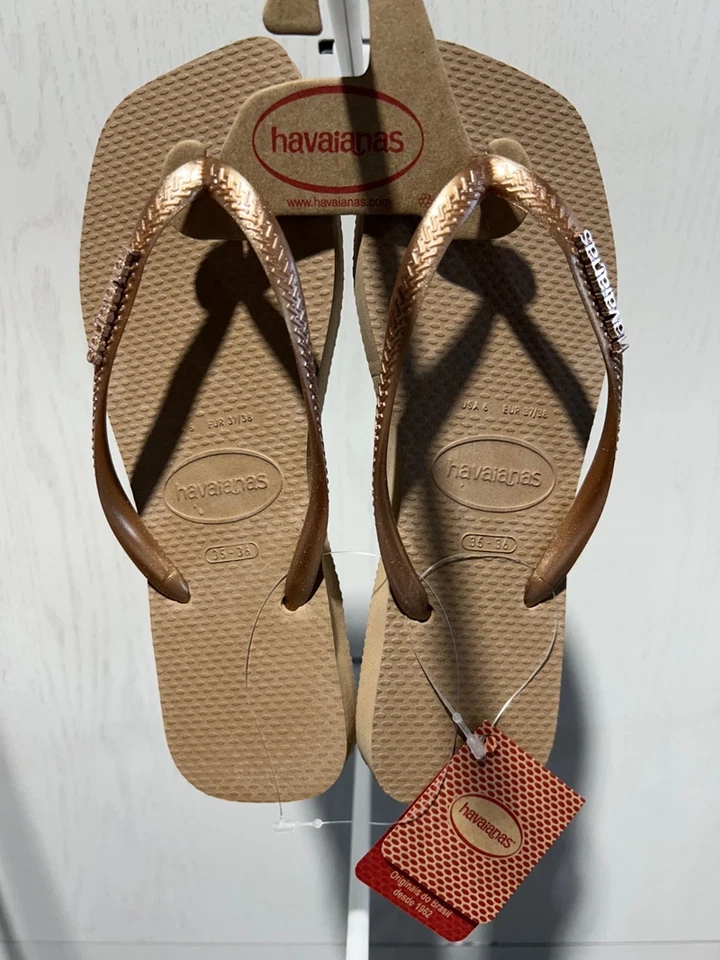 Sandalia Havaianas Slim Cuadrada Logo Metálica Oro Rosa Mujer tallas 35/36-41/42 NUEVA Foto 1 de 1