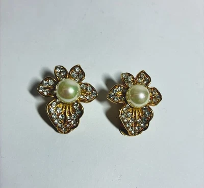Pair Vintage Clipon Earings Costume Hobe  Pearl, Cubic Zirconias Floral Design - image 1 of 4