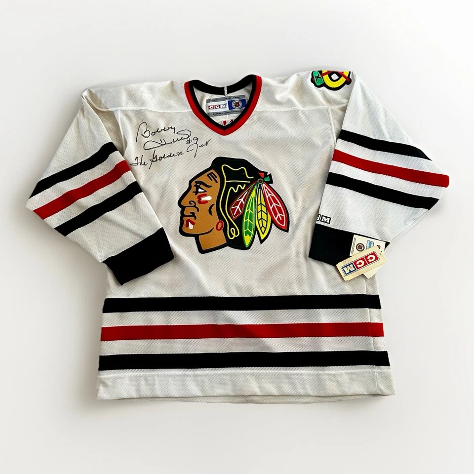 Vintage CCM Chicago Blackhawks Jersey Bobby Hull 9 Golden Jet Signed White Large - Image 1 of 4