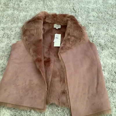 LOFT pink faux fur & suede open front collared reversible outerwear vest L NWT  - Image 1 of 4