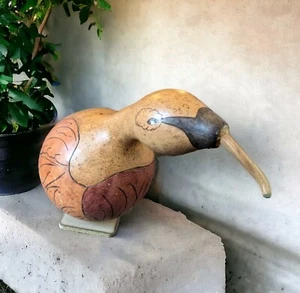 Primitive Gourd Bird Sculpture Hand Crafted 7'' Folk Art Stained Carved Signed - Picture 1 of 11
