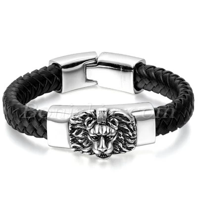 Pulsera con cabeza de león de acero inoxidable de cuero genuino negro trenzado para hombre Foto 1 de 4