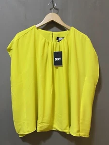 NWT DKNY Women Short Sleeve Pleated Round Neck Square Crepe Blouse SZ M Yellow - Picture 1 of 16