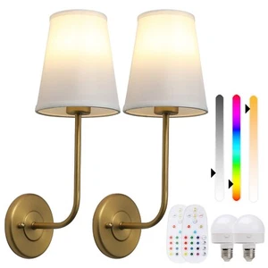 2pcs Wireless Rechargeable Battery Operated Wall Light Fabric Shade Sconce Lamp - Picture 1 of 36