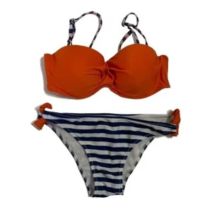 Badeanzug 2-teilig Bikini orange gepolstert Oberteil blau gestreift Unterteil Baden Medium - Bild 1 von 10
