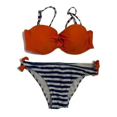 Swimsuit 2 Piece Bikini Orange Padded Top Blue Stripe Bottoms Bathing Medium - Image 1 of 4