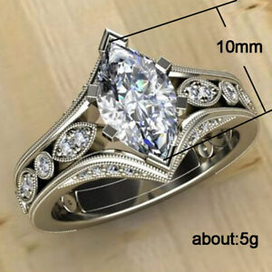 Chic White Cz 10mm Marquise Cut Hollow Wedding Band Women White Gold Filled Ring