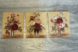 Set of 3 Floral Pink Red Rose Decor Tile Wall Plaques 3D Vintage 4.5x5.5” MCM - Picture 1 of 8