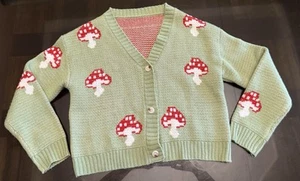 Girl Light Green Cardigan Sweater With Mushroom Embroidered 11-12 Y - Picture 1 of 8