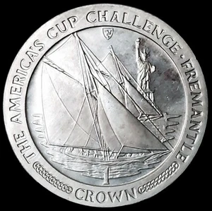PL 1987 ISLE of MAN Crown Elizabeth 2 Statue of Liberty Americas Cup Coin NP0169 - Picture 1 of 2