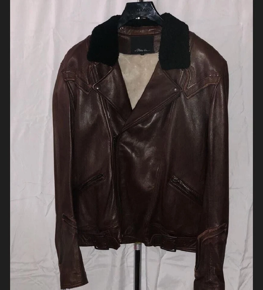 尺寸 M🔥 3.1 Phillip Lim 男式羊皮剪绒骑行摩托车夹克 — 第 1/4 张图片