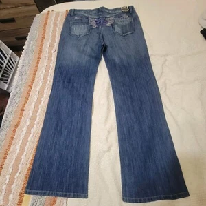 Clash Jeans Women XL Blue Denim Floral Embroidery Wide Leg New NWT - Picture 1 of 13