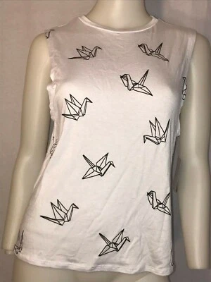 NEW WHITE ORIGAMI BIRD CRANE MUSCLE TANK TOP URBAN XL - Image 1 of 3