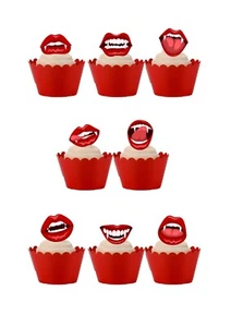 30 STAND UP Edible Vampire Mouth Lips Fangs Wafer Paper Cake Toppers - Halloween - Picture 1 of 2