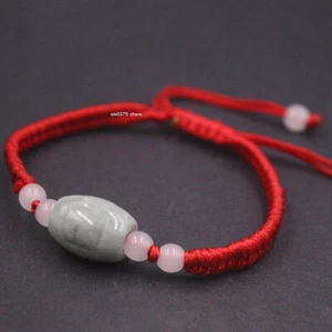 Natural Jadeite Jade Tube Bead Bracelet Women's Red String Knitted Bracelet Gift - Picture 1 of 3