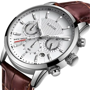 Lige Mens Watch Quartz Chronograph Leather Strap Luminous Luxury Wristwatch - Picture 1 of 14