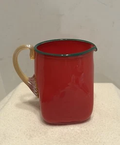 Michael Sosin Art Glass Red Pitcher with Green Rim SIGNED - Picture 1 of 7